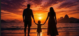 Família em viagem, ao pôr do sol